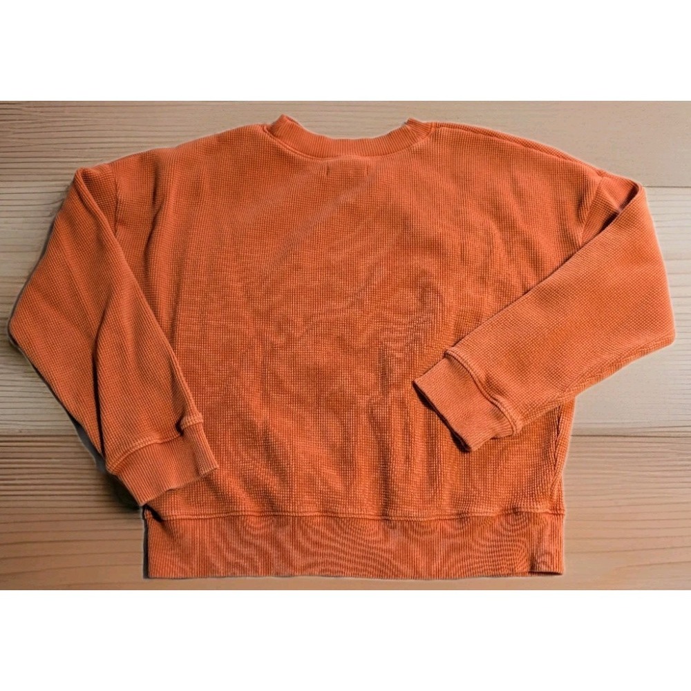 Madewell Waffle Knit Sweatshirt Womens Small Rust Orange V Neck Thermal Pullover - Picture 2 of 6